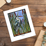 Blue Heron framed Sarah Angst Art giclee reproduction print. Created & reproduced in Bozeman, Montana.