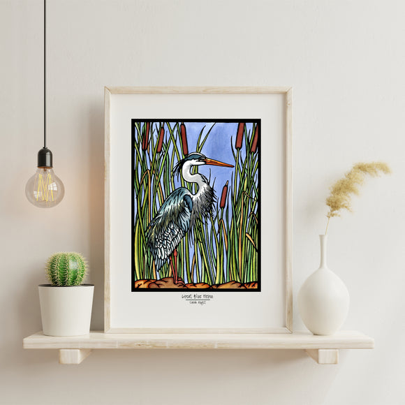 Blue Heron framed Sarah Angst Art giclee reproduction print. Created & reproduced in Bozeman, Montana.