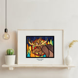 Moose in Forest framed Sarah Angst Art giclee reproduction print. Created & reproduced in Bozeman, Montana.