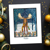 Holiday Moose framed Sarah Angst Art giclee reproduction print. Created & reproduced in Bozeman, Montana.